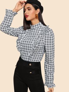 Ruffle Trim Double Button Plaid Top