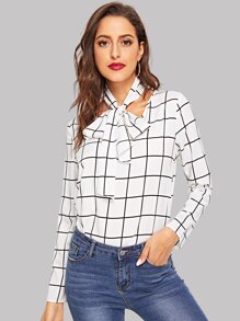 Tie Neck Grid Top