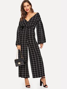 Surplice Neck Grid Print Jumpsuit