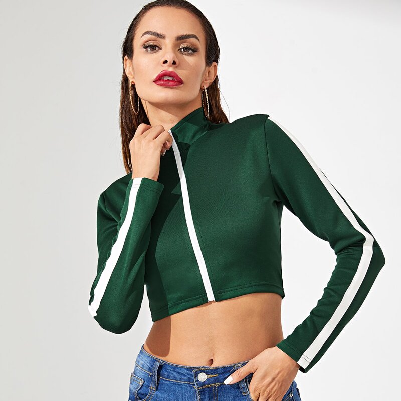

Zipper Up Crop Jersey Jacket, Green