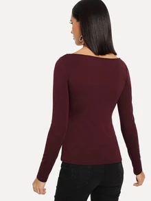SHEIN Solid Square Neck Tee - Burgundy - View 2