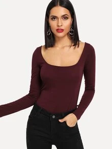 SHEIN Solid Square Neck Tee - Burgundy - View 4