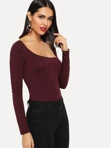 SHEIN Solid Square Neck Tee - Burgundy - View 3