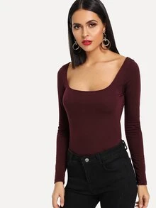 SHEIN Solid Square Neck Tee - Burgundy - View 1
