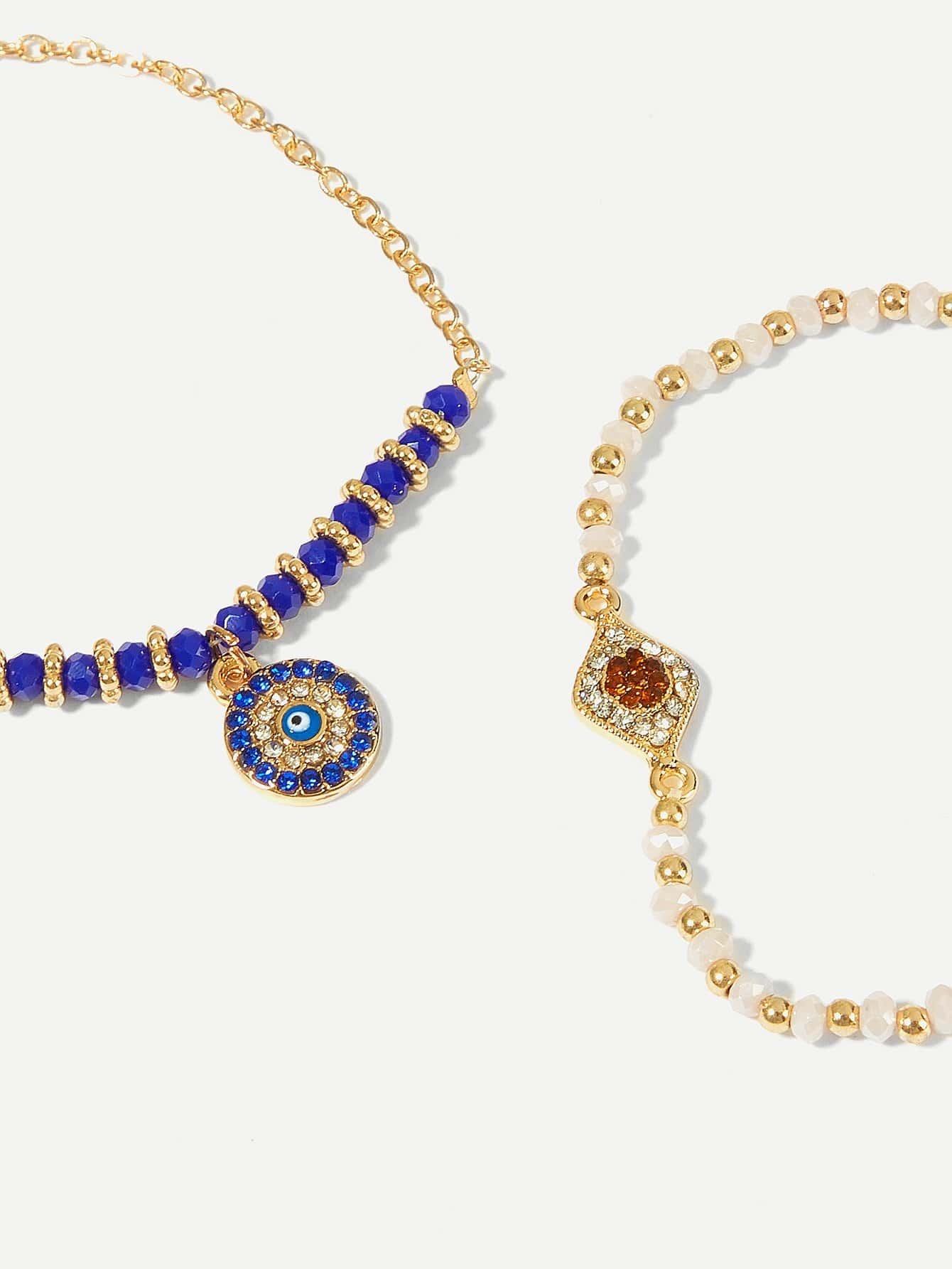 rhinestone round detail beaded bracelet set 2pcs -shein(she