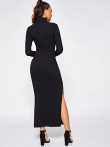 SHEIN Split Side Rib Knit Fitted Dress - Black - View 2