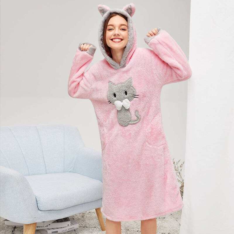 

Cat Pattern Plush Hooded Dress, Pink