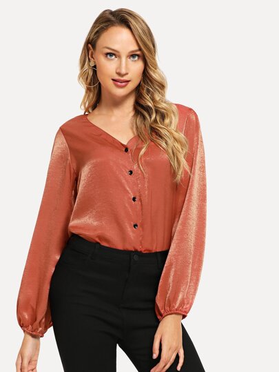 V-neck Lantern Sleeve Satin Blouse pictures