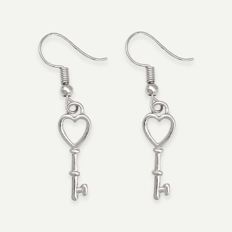 

Heart Shaped Key Drop Earrings 1pair, Silver