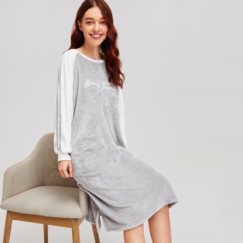 

Letter Embroidered Colorblock Plush Dress, Grey