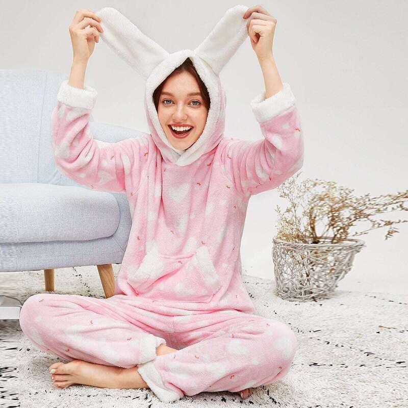 

Heart Print Hooded Plush Pajama Set, Pink