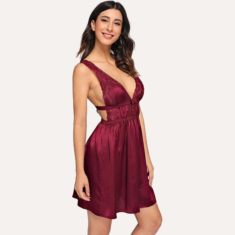 

Contrast Lace Open Back Satin Dress, Burgundy