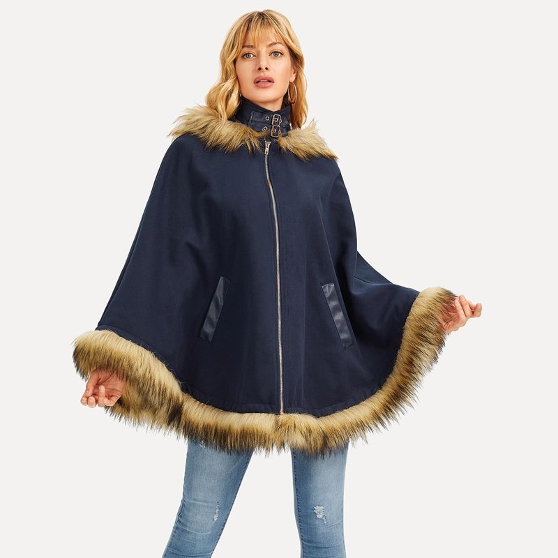 

Faux Fur Trim Poncho Coat, Navy