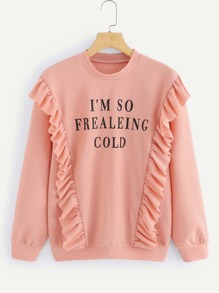 Letter Print Ruffle Trim Textured Sweatshirt