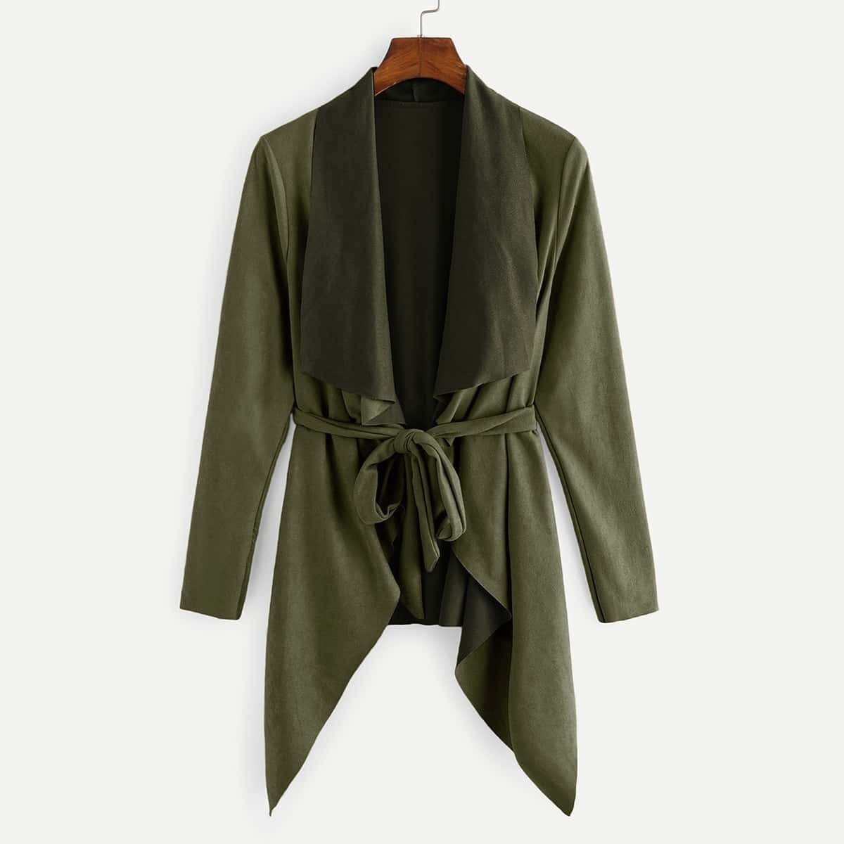 

Waterfall Collar Suede Solid Coat, Army green