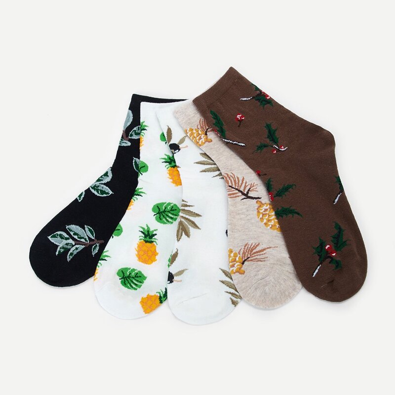 

Pineapple & Plant Pattern Socks 5pairs, Multicolor