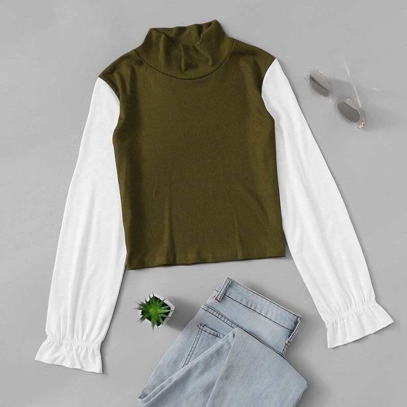 

Contrast Sleeve High Neck Tee, Army green