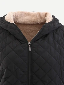 Shearling Lined Quilted Padded Hooded Coat - Black - View 2