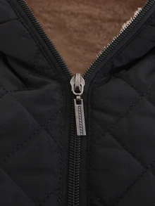 Shearling Lined Quilted Padded Hooded Coat - Black - View 3