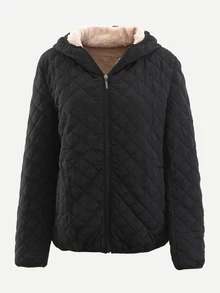 Shearling Lined Quilted Padded Hooded Coat - Black - View 1