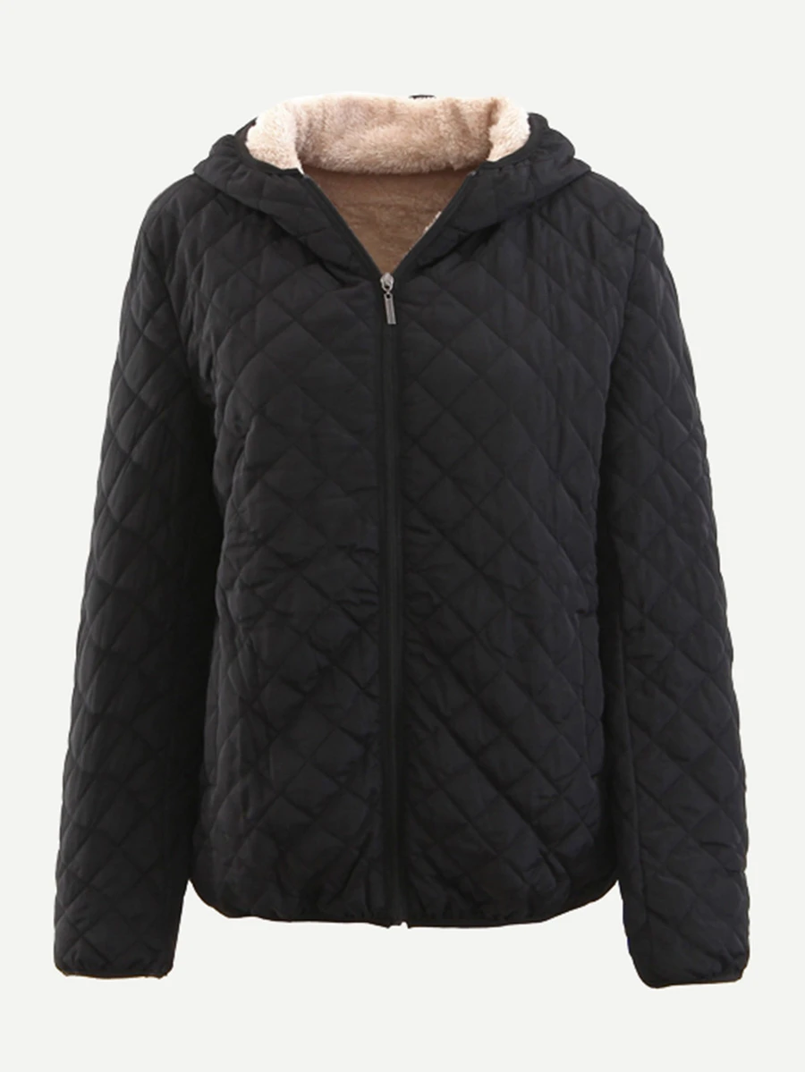 Shearling Lined Quilted Padded Hooded Coat - Black - View 1