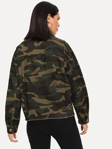 Camo Raw Hem Pocket Detail Denim Jacket - Multicolor - View 2