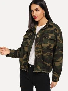 Camo Raw Hem Pocket Detail Denim Jacket - Multicolor - View 4