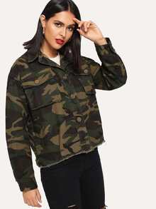 Camo Raw Hem Pocket Detail Denim Jacket - Multicolor - View 3