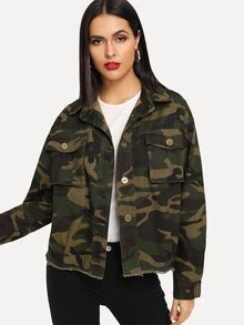 Camo Raw Hem Pocket Detail Denim Jacket - Multicolor - View 1