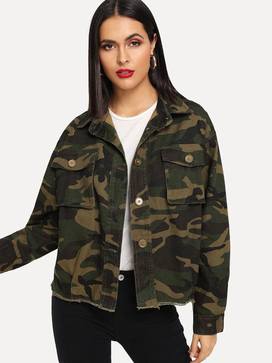 Camo Raw Hem Pocket Detail Denim Jacket - Multicolor - View 1