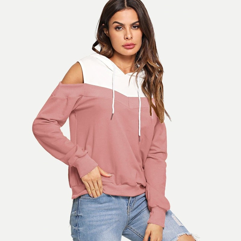 

Cold Shoulder Colorblock Drawstring Hoodie, Pink