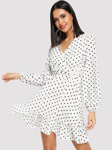 Wrap Neck Dot Ruffle Hem Dress