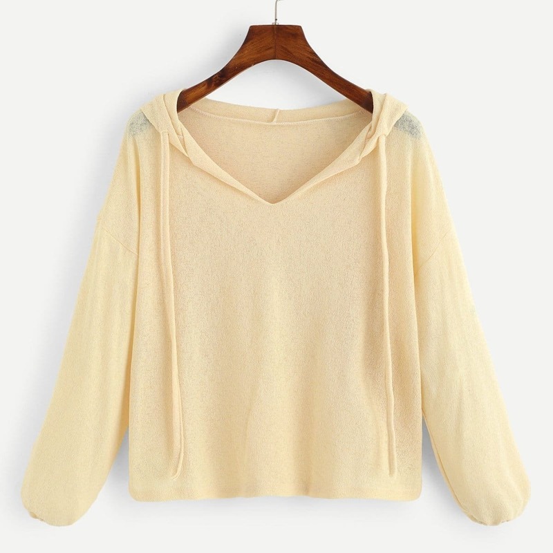 

Drawstring Solid Hooded Tee, Beige
