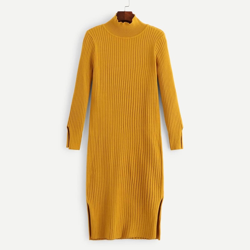 

Mock-Neck Split Rib Knit Sweater Dress, Yellow
