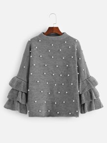 Plus Pearl Detail Layered Flounce Sleeve Jumper