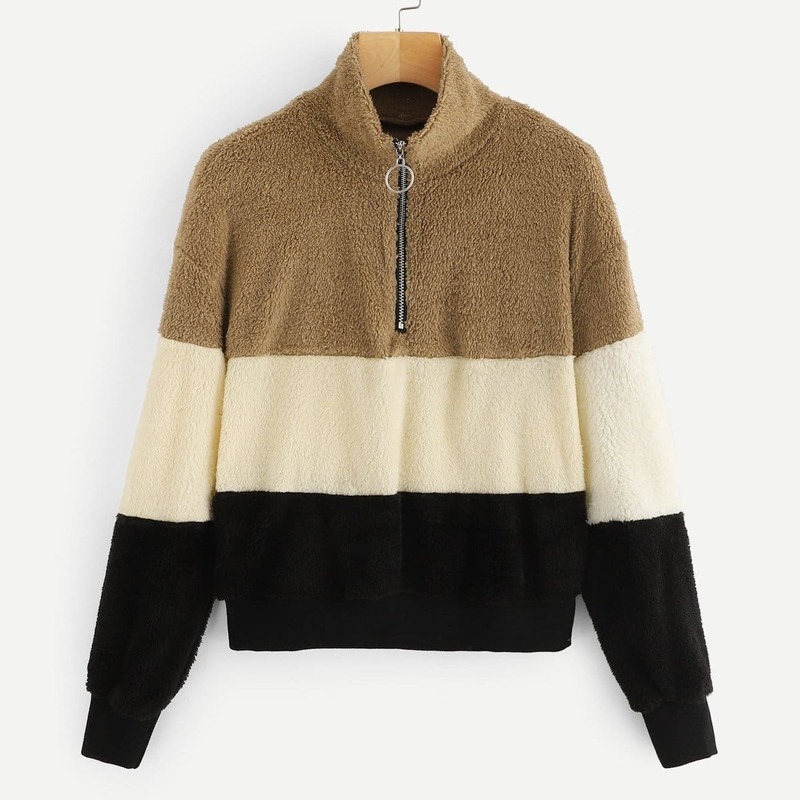 

Quarter Zip Color-block Teddy Jacket, Multicolor