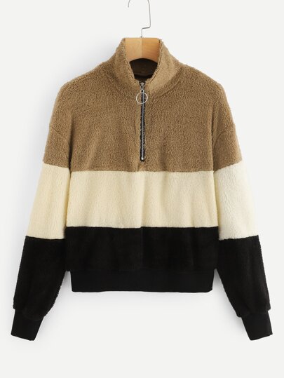 Quarter Zip Color-block Teddy Jacket