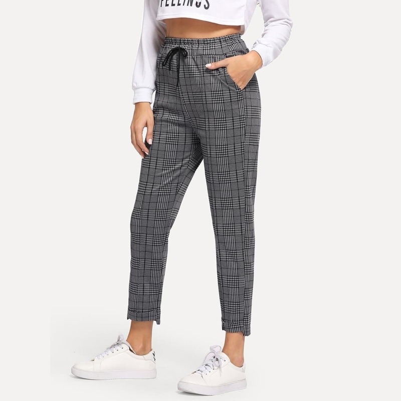 

Plaid Drawstring Waist Pants, Grey