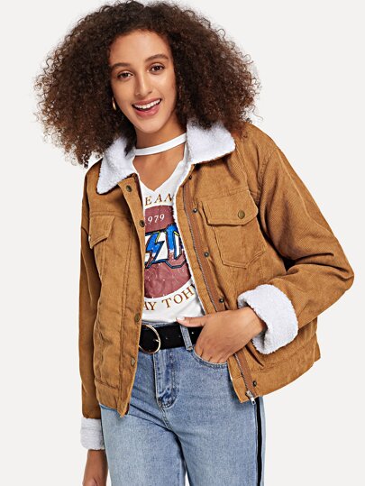 Corduroy Pocket Detail Shearling Lined Jacket pictures