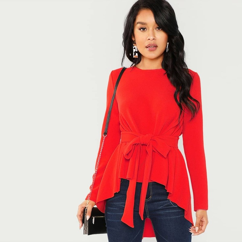 

Self Belted Asymmetrical Hem Top, Red