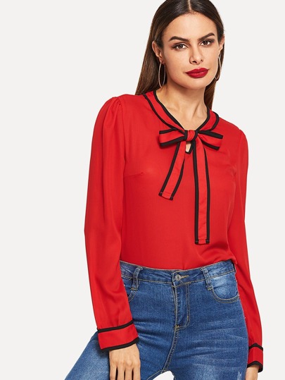Contrast Binding Tie Neck Top pictures