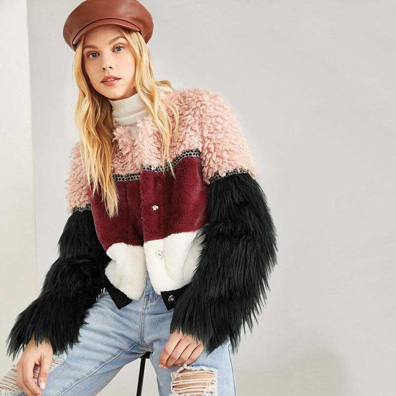 

Button Up Color Block Faux Fur Teddy Coat, Multicolor
