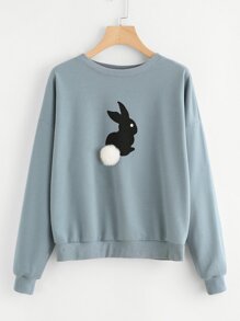 Plus Faux Fur Pompom Embellished Rabbit Print Pullover