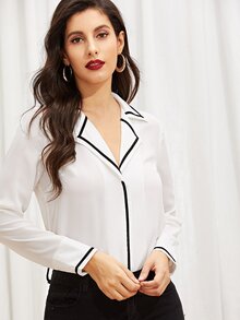 Notch Collar Contrast Trim Top