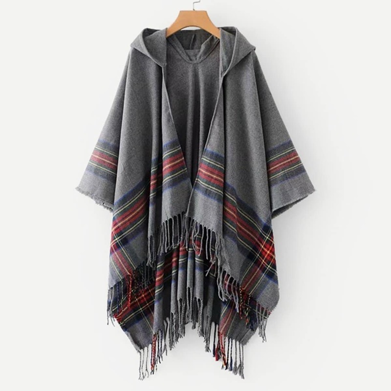 

Fringe Hem Colourful Striped Hooded Poncho Sweater, Multicolor