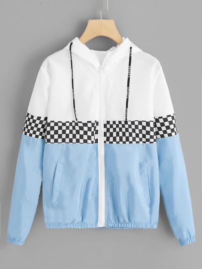 Colorblock Plaid Panel Zip Up Hoodie Jacket