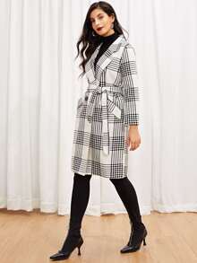Self Tie Plaid Pocket Side Coat - Black and White - View 3