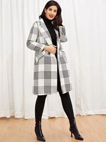 Self Tie Plaid Pocket Side Coat - Black and White - View 4