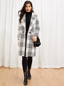 Self Tie Plaid Pocket Side Coat - Black and White - View 6