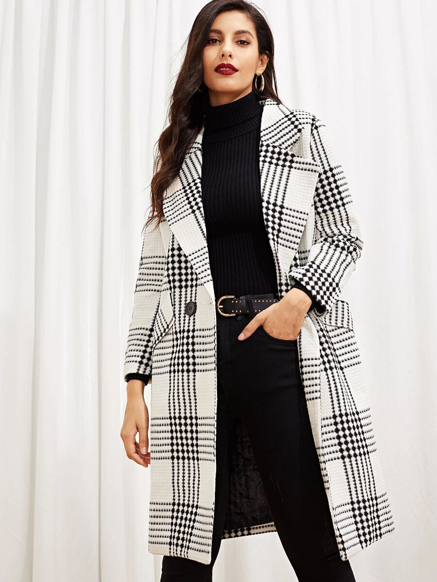 Self Tie Plaid Pocket Side Coat - Black and White - View 1